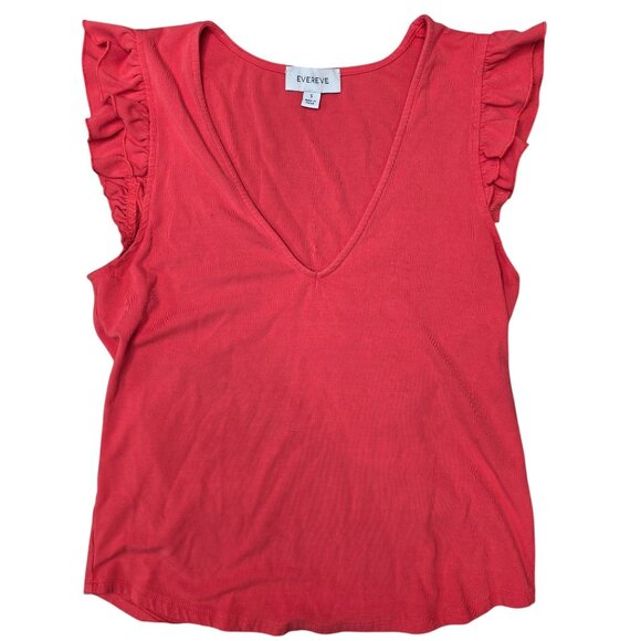 Evereve Womens Red V-Neck Ruffle Sleeve Top S Cotton Blend tank top tee summer - Picture 1 of 3